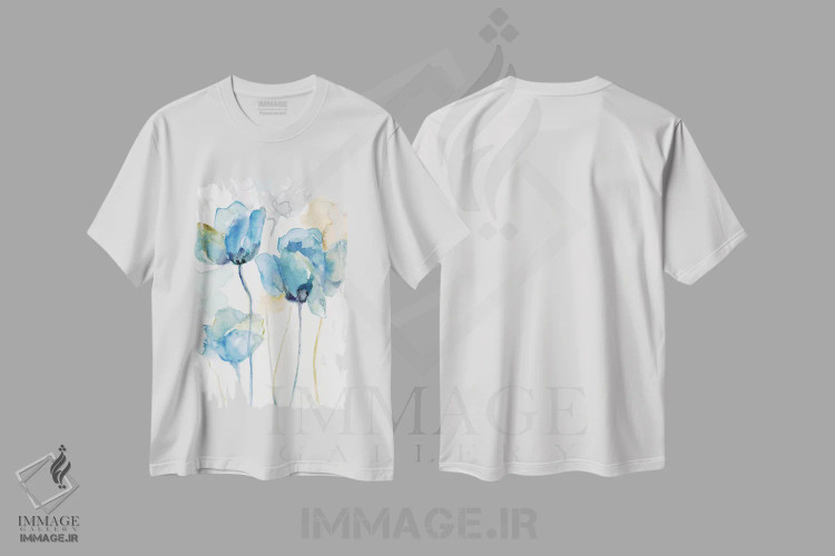 تیشرت سفید طرح دار – تیشرت هنری آبرنگی ,آبی های گل های وحشی I اثر نان فروشگاه ایماژ