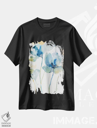 تیشرت مشکی طرح دار – تیشرت گل های آبرنگی ,آبی های گل های وحشی II اثر نان فروشگاه ایماژ