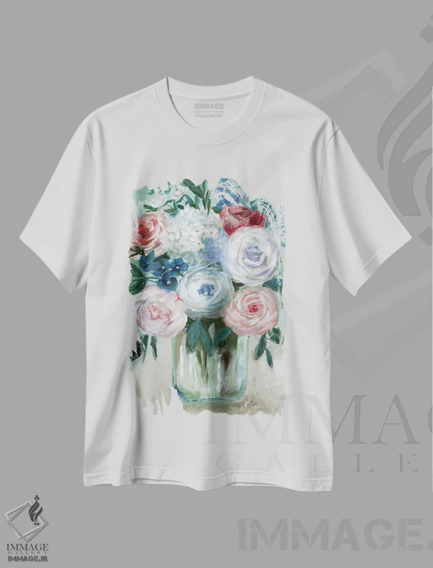 تیشرت سفید طرح دار – تیشرت آبرنگی گلدار ,دسته گل پاستلی با گچ اثر نان فروشگاه ایماژ
