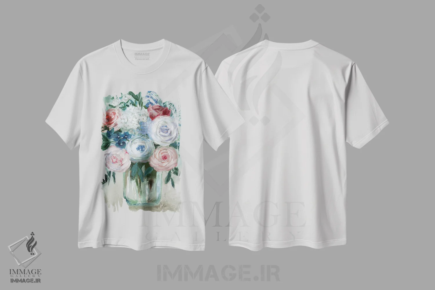 تیشرت سفید طرح دار – تیشرت آبرنگی گلدار ,دسته گل پاستلی با گچ اثر نان فروشگاه ایماژ