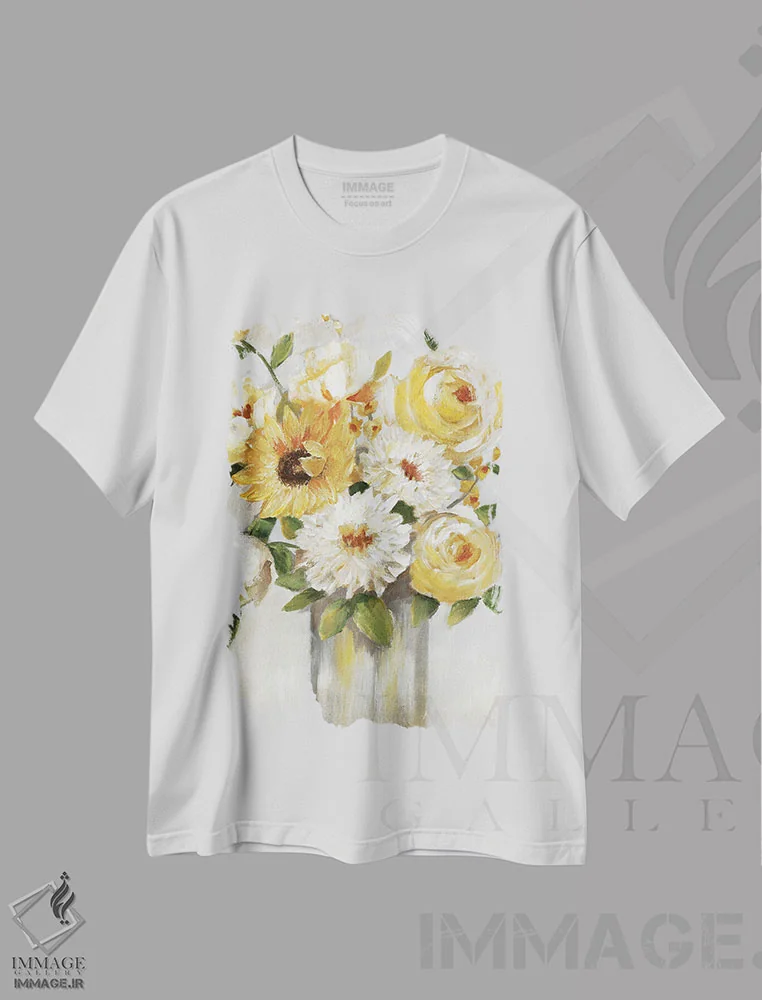 تیشرت سفید طرح دار – تیشرت تابستانی ,دسته گل آفتاب اثر نان فروشگاه ایماژ