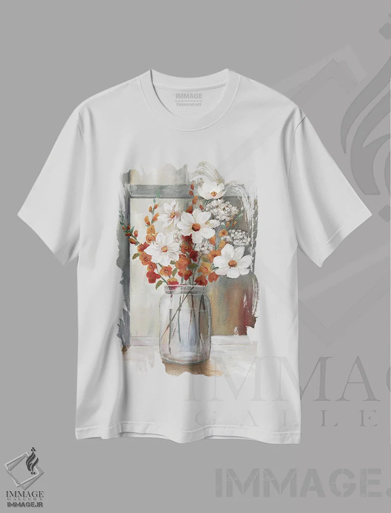 تیشرت سفید طرح دار – تیشرت پاییزی ,افشان پاییزی اثر نان فروشگاه ایماژ