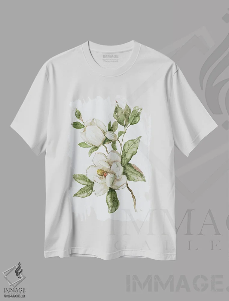 تیشرت سفید طرح دار – تیشرت مینیمال ,صبح ماگنولیا II اثر نان فروشگاه ایماژ