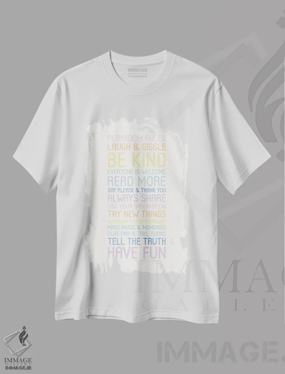 تیشرت سفید طرح دار – تیشرت کودکانه ,قوانین اتاق بازی پاستلی اثر نیکول باسک فروشگاه ایماژ