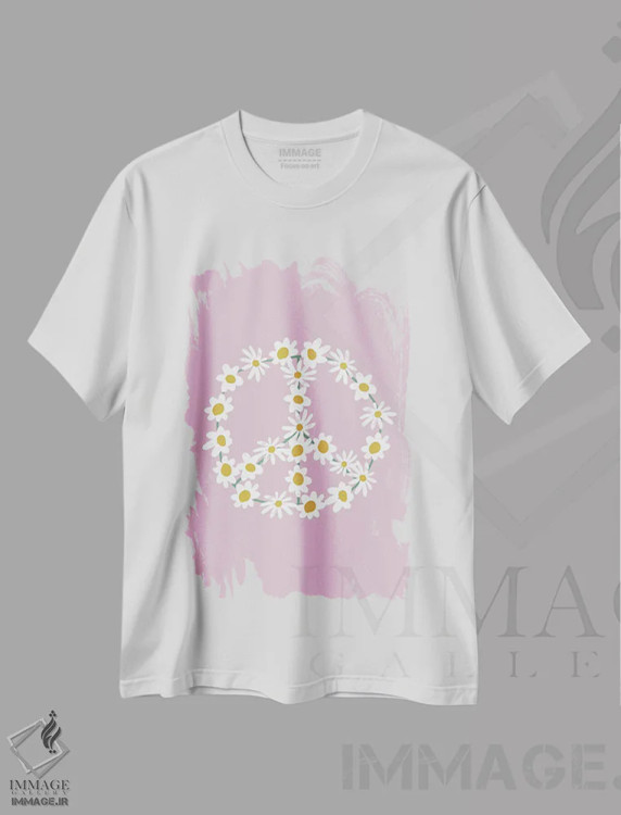 تیشرت سفید طرح دار – تیشرت مینیمالیستی ,علامت صلح گل داوودی بنفش اثر نیکول باسک immage.ir