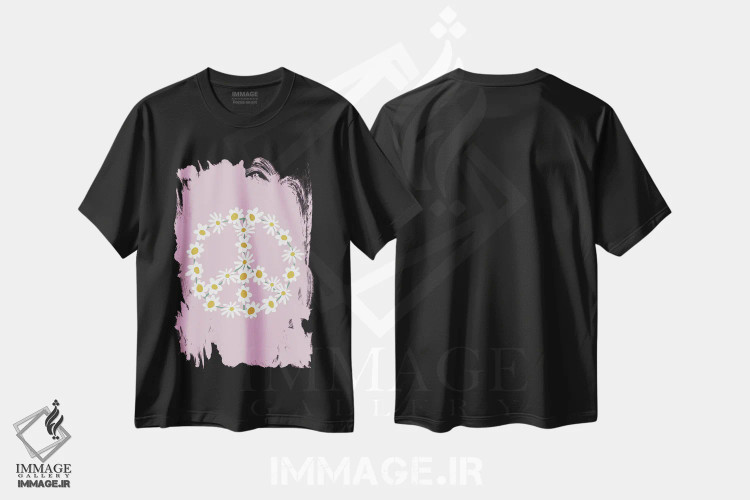 تیشرت مشکی طرح دار – تیشرت مینیمالیستی ,علامت صلح گل داوودی بنفش اثر نیکول باسک فروشگاه ایماژ