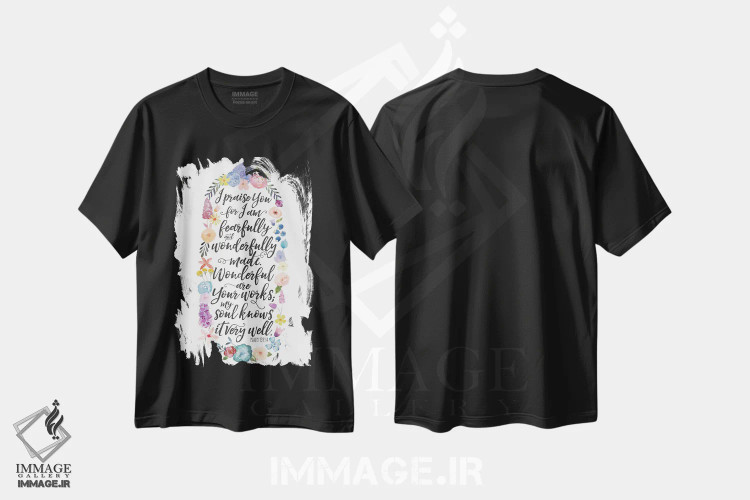 تیشرت مشکی طرح دار – تیشرت آرامش بخش ,پنل آیهٔ کتاب مقدس با گل II اثر نون دی دیزاین فروشگاه ایماژ
