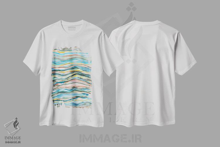تیشرت سفید طرح دار – تیشرت هنری انتزاعی ,لایه های مرمر و عقیق معدنی با آبرنگ اثر نینولا دیزاین فروشگاه ایماژ
