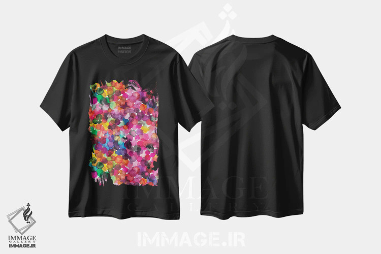 تیشرت مشکی طرح دار – تیشرت فانتزی رنگی ,نقطه های آبرنگی همپوشان اثر نینولا دیزاین immage.ir