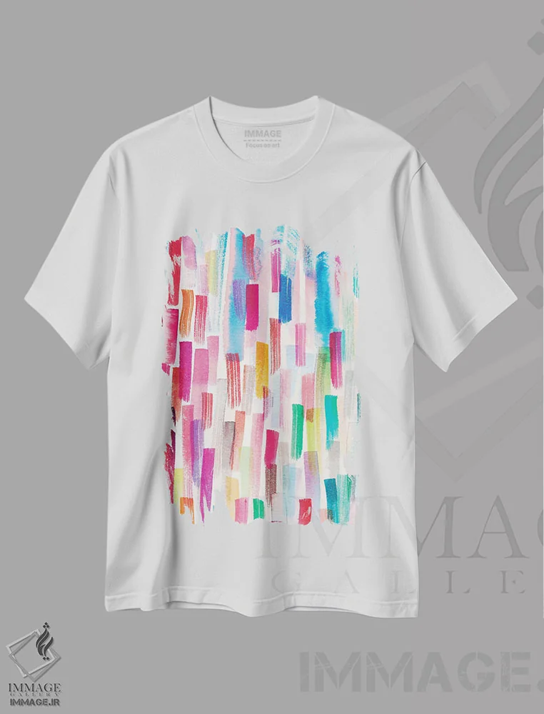تیشرت سفید طرح دار – تیشرت اسپرت ,ضربه قلم های رنگی چندرنگ اثر نینولا دیزاین فروشگاه ایماژ