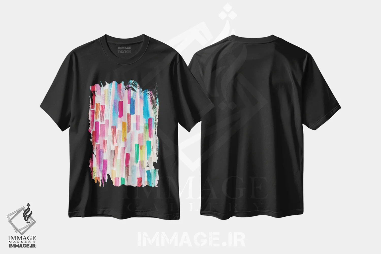 تیشرت مشکی طرح دار – تیشرت اسپرت ,ضربه قلم های رنگی چندرنگ اثر نینولا دیزاین immage.ir