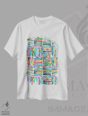 تیشرت سفید طرح دار – تیشرت گرافیکی رنگی ,راه راه های مربع رنگی نقاشی شده با دست اثر نینولا دیزاین immage.ir