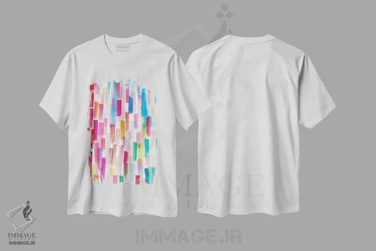 تیشرت سفید طرح دار – تیشرت اسپرت ,ضربه قلم های رنگی چندرنگ اثر نینولا دیزاین فروشگاه ایماژ