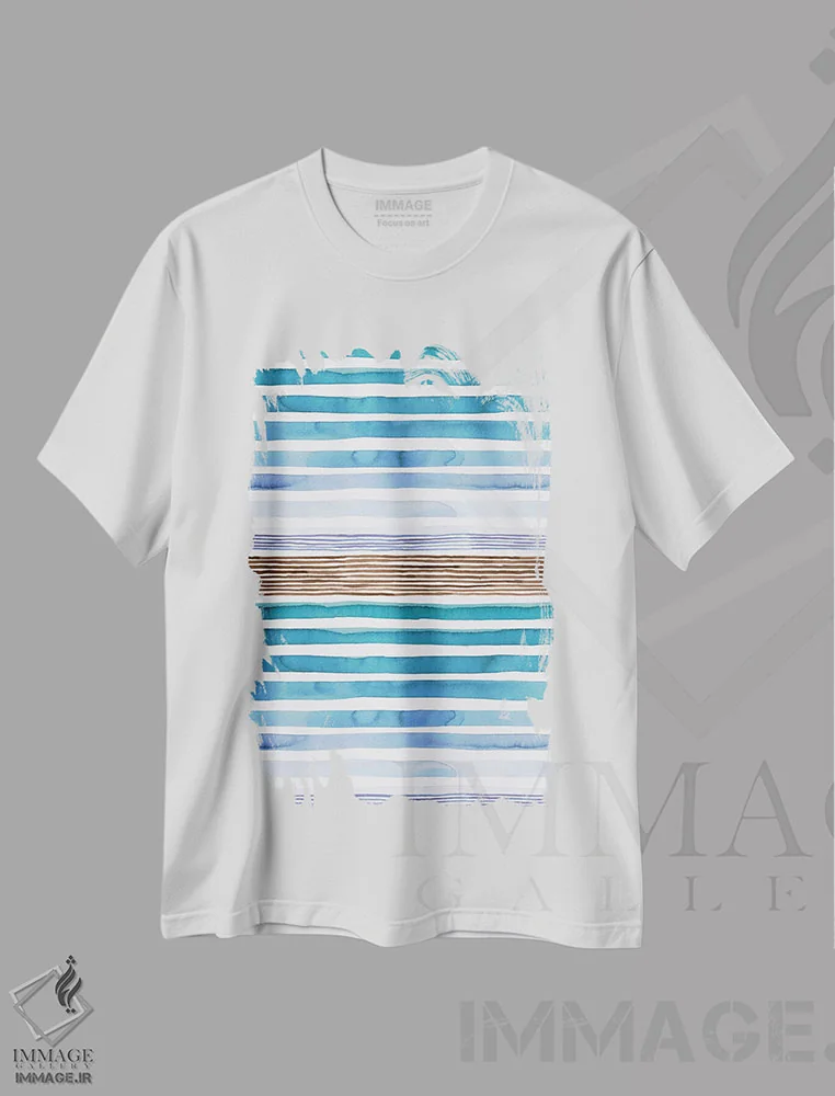تیشرت سفید طرح دار – تیشرت طبیعت ,راه راه های غروب آبرنگی آبی اثر نینولا دیزاین فروشگاه ایماژ