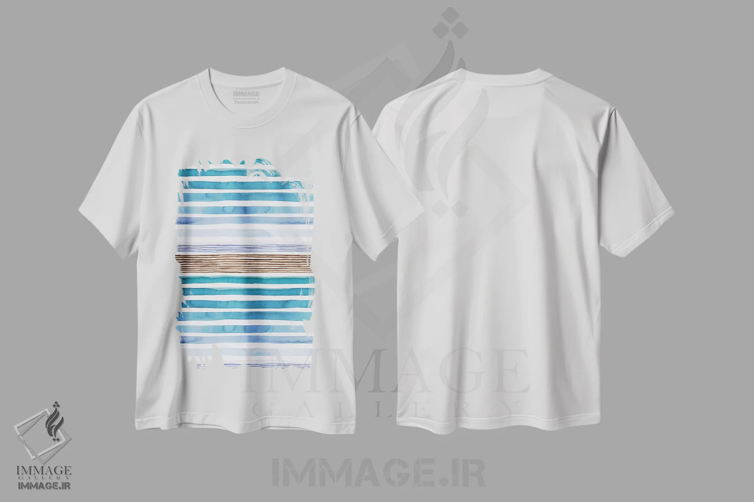 تیشرت سفید طرح دار – تیشرت طبیعت ,راه راه های غروب آبرنگی آبی اثر نینولا دیزاین فروشگاه ایماژ