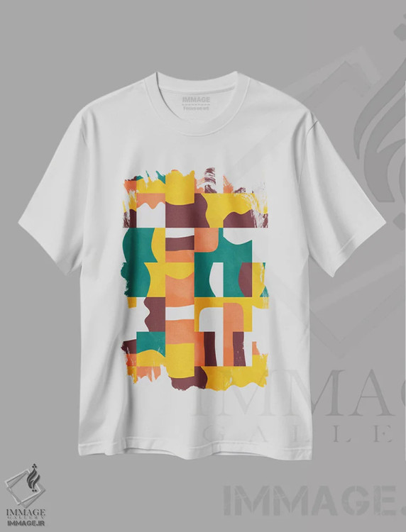 تیشرت سفید طرح دار – تیشرت هندسی ,مکعب ها و اشکال ارگانیک سبز و نارنجی اثر نینولا دیزاین فروشگاه ایماژ