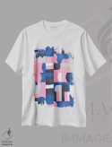 تیشرت سفید طرح دار – تیشرت انتزاعی هندسی ,مکعب ها و اشکال ارگانیک آبی و صورتی اثر نینولا دیزاین immage.ir