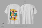 تیشرت سفید طرح دار – تیشرت هندسی ,مکعب ها و اشکال ارگانیک سبز و نارنجی اثر نینولا دیزاین فروشگاه ایماژ
