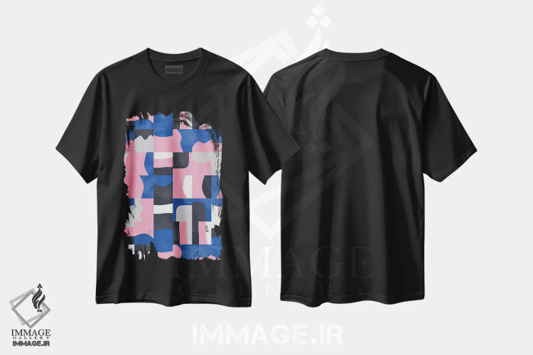 تیشرت مشکی طرح دار – تیشرت انتزاعی هندسی ,مکعب ها و اشکال ارگانیک آبی و صورتی اثر نینولا دیزاین فروشگاه ایماژ