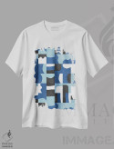 تیشرت سفید طرح دار – تیشرت گرافیکی ,مکعب ها و اشکال ارگانیک آبی و مشکی اثر نینولا دیزاین فروشگاه ایماژ