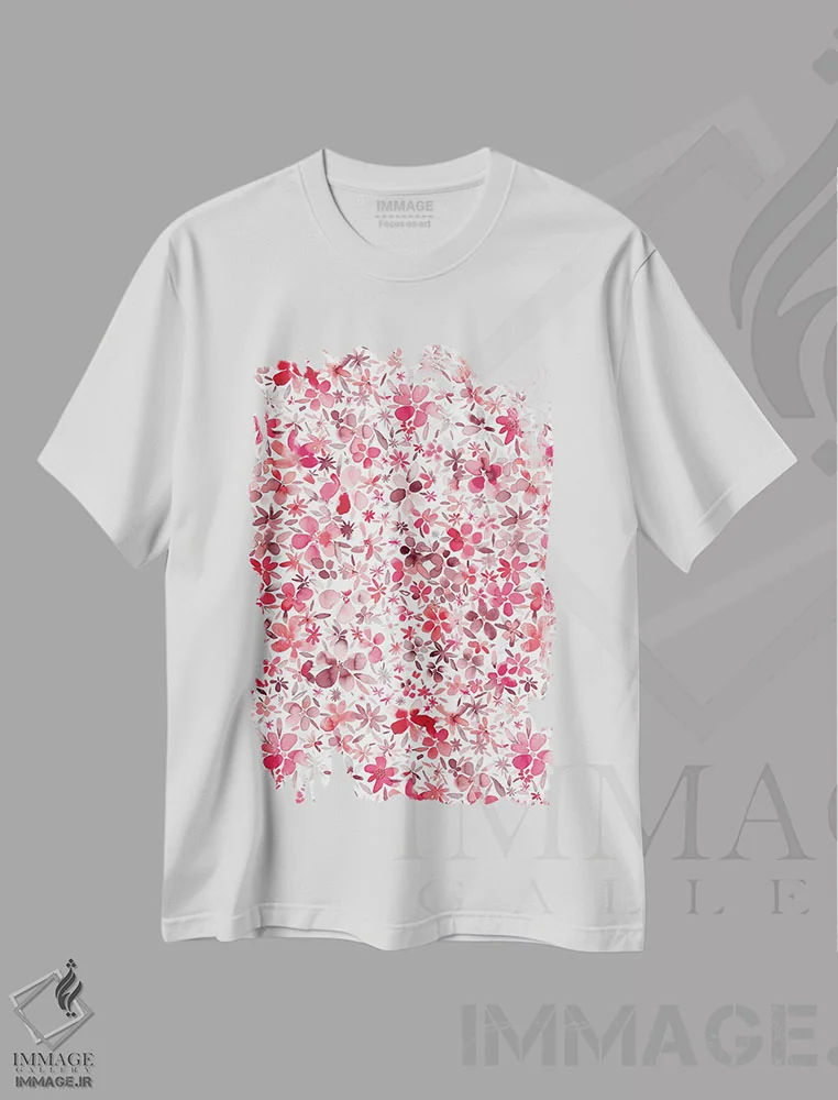تیشرت سفید طرح دار – تیشرت گلدار ,گل و گلبرگ های رنگی مرجانی اثر نینولا دیزاین immage.ir