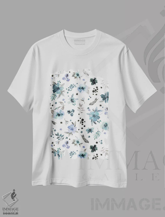 تیشرت سفید طرح دار – تیشرت گلدار ,گل های روستایی آبی مراقبت از روح اثر نینولا دیزاین فروشگاه ایماژ