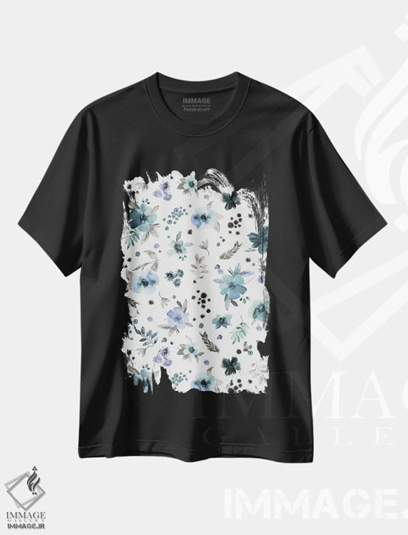 تیشرت مشکی طرح دار – تیشرت گلدار ,گل های روستایی آبی مراقبت از روح اثر نینولا دیزاین immage.ir