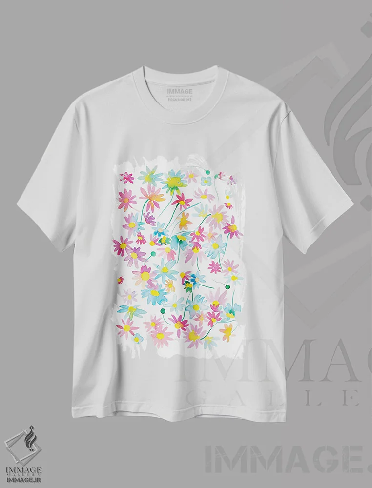 تیشرت سفید طرح دار – تیشرت گلدار ,مرواریدهای گلدار رنگی آبرنگی اثر نینولا دیزاین فروشگاه ایماژ