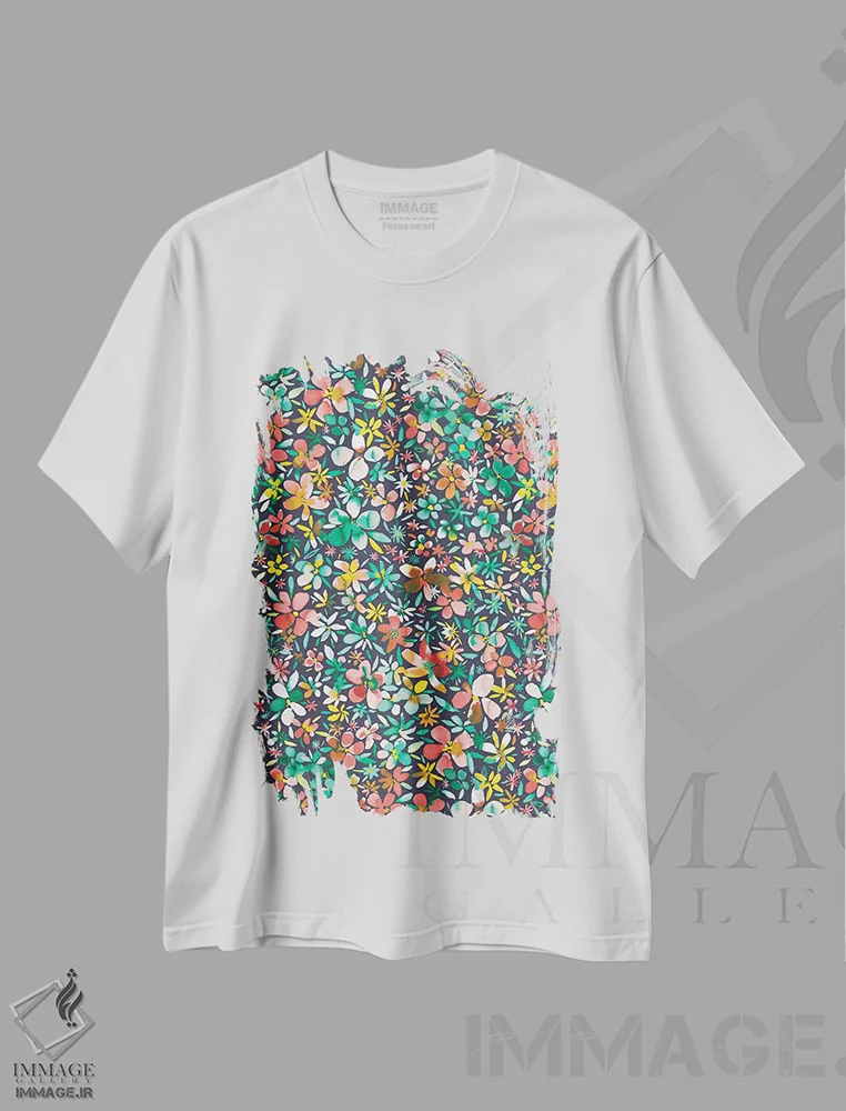 تیشرت سفید طرح دار – تیشرت رنگی ,گل و گلبرگ های رنگی سبز اثر نینولا دیزاین فروشگاه ایماژ