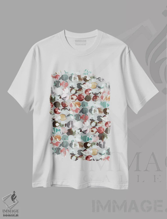 تیشرت سفید طرح دار – تیشرت هندسی ,نقاط مرکبی سبز و خاکستری اثر نینولا دیزاین immage.ir