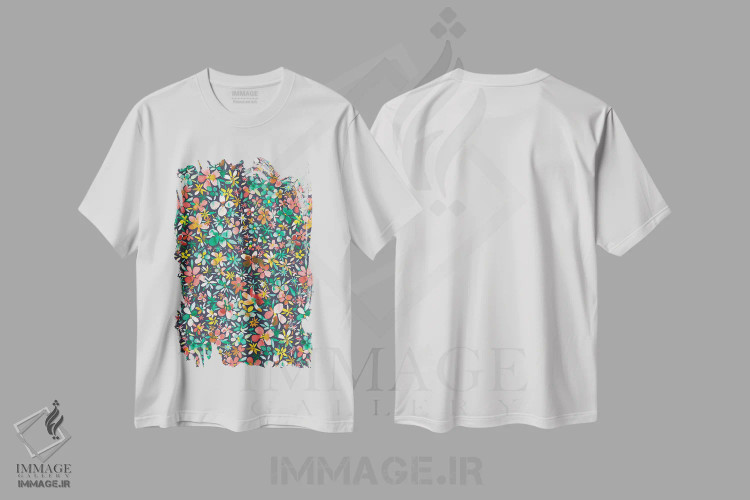 تیشرت سفید طرح دار – تیشرت رنگی ,گل و گلبرگ های رنگی سبز اثر نینولا دیزاین فروشگاه ایماژ