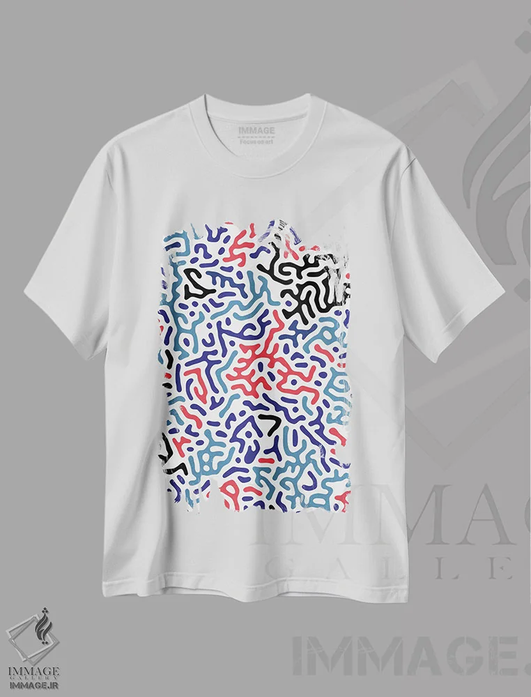 تیشرت سفید طرح دار – تیشرت انتزاعی ,اشکال هندسی دیجیتال ارگانیک قرمز اثر نینولا دیزاین فروشگاه ایماژ