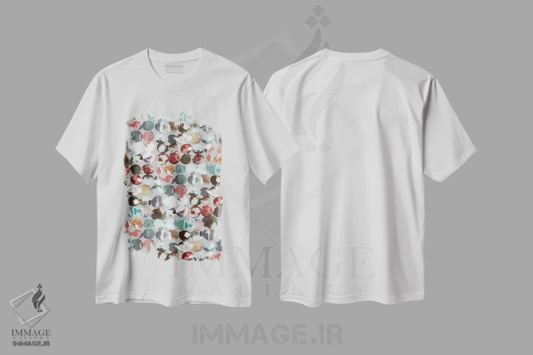 تیشرت سفید طرح دار – تیشرت هندسی ,نقاط مرکبی سبز و خاکستری اثر نینولا دیزاین immage.ir
