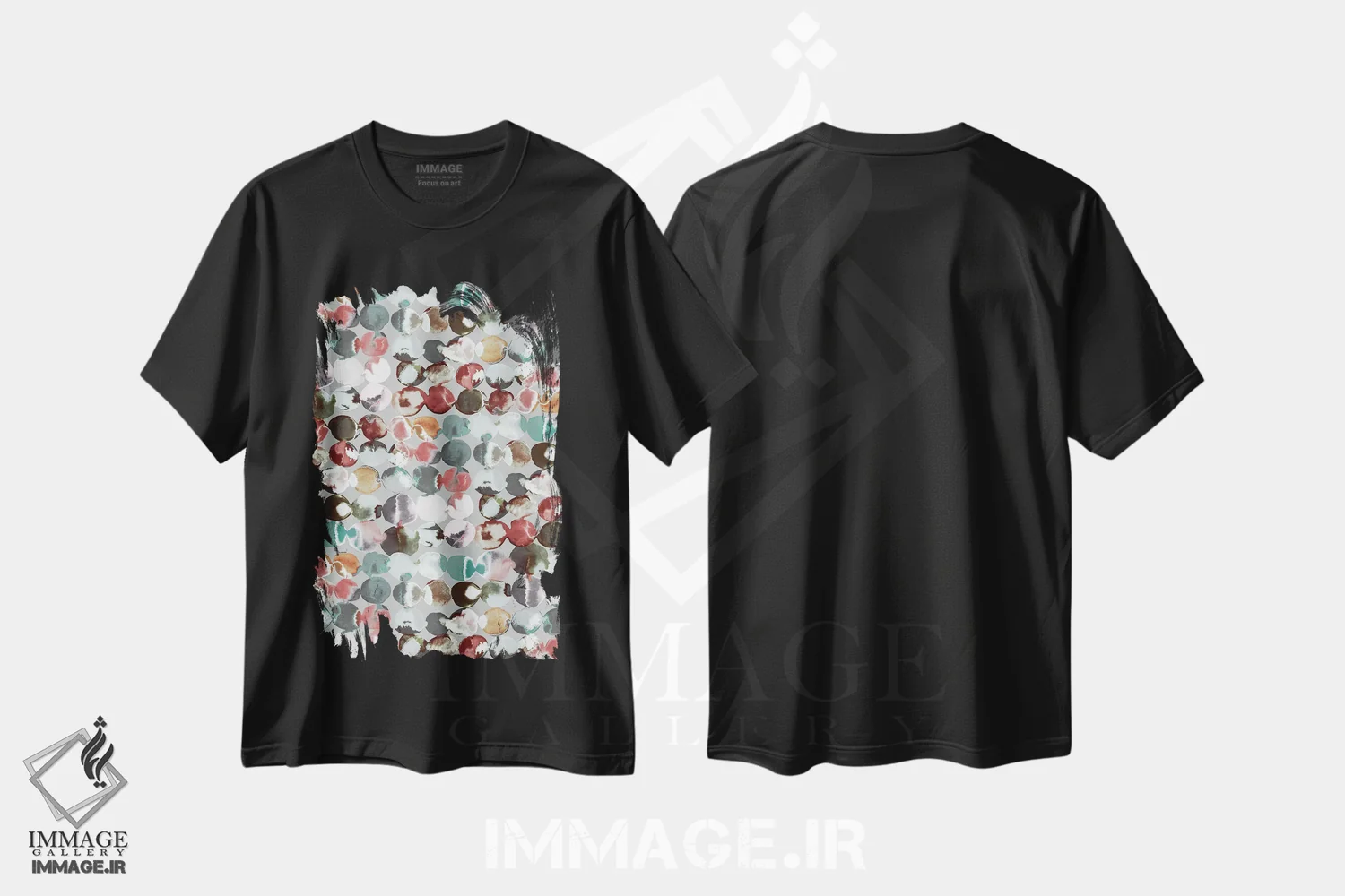 تیشرت مشکی طرح دار – تیشرت هندسی ,نقاط مرکبی سبز و خاکستری اثر نینولا دیزاین فروشگاه ایماژ