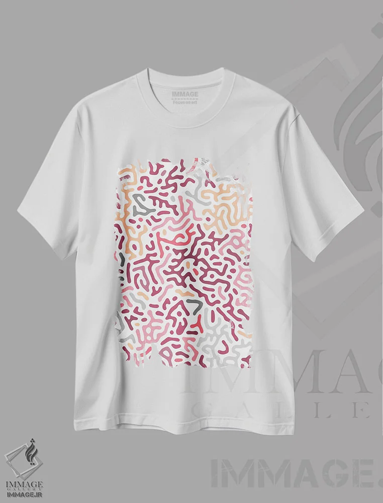 تیشرت سفید طرح دار – تیشرت هنری ,اشکال هندسی دیجیتال ارگانیک صورتی اثر نینولا دیزاین immage.ir