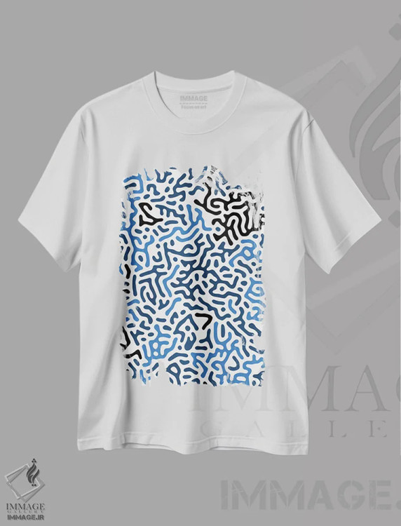 تیشرت سفید طرح دار – تیشرت مدرن ,اشکال هندسی دیجیتال ارگانیک آبی اثر نینولا دیزاین immage.ir