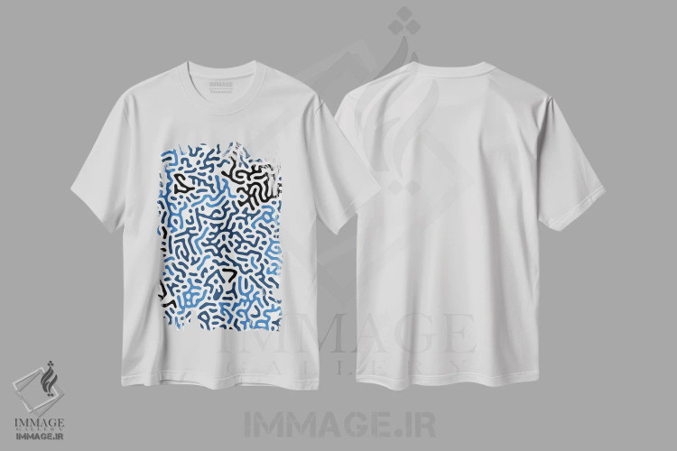 تیشرت سفید طرح دار – تیشرت مدرن ,اشکال هندسی دیجیتال ارگانیک آبی اثر نینولا دیزاین immage.ir