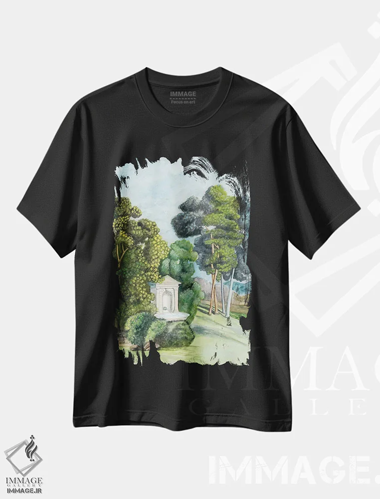 تیشرت مشکی طرح دار کاغذ دیواری منظره دار فرانسوی یک، دکور معاصر اثر نائومی مک کاویت | immage.ir
