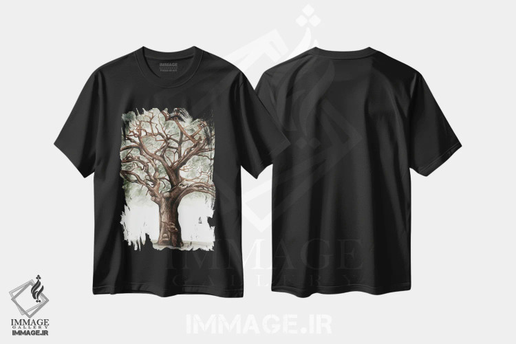 تیشرت مشکی طرح دار ترکیب درخت بلوط دوم، دکور معاصر اثر نائومی مک کاویت | فروشگاه ایماژ