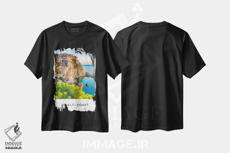 تیشرت مشکی طرح دار ساحل آمالفی، مدیوم اثر نائومی دیویس | فروشگاه ایماژ