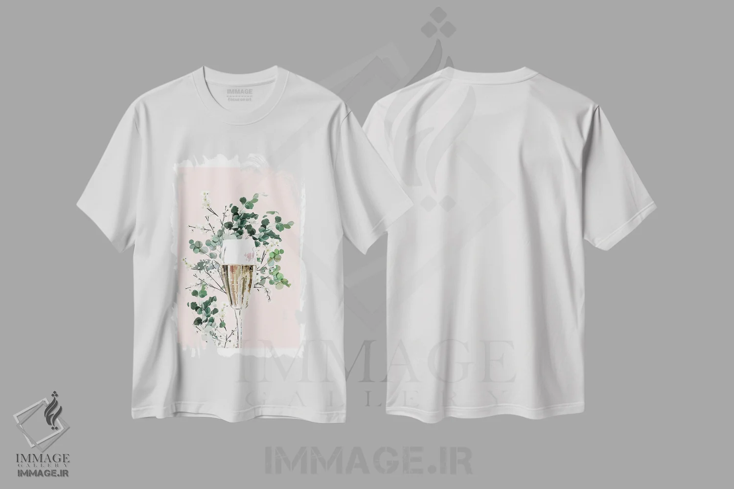 تیشرت سفید طرح دار لیوان شامپاین صورتی، دکور معاصر اثر نائومی دیویس | فروشگاه ایماژ