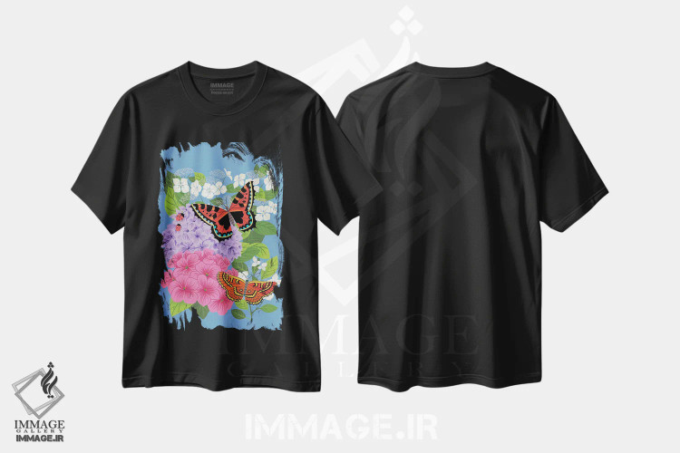تیشرت مشکی طرح دار هورتانسیاها و پروانه ها اثر نانسی مک کنزی | فروشگاه ایماژ