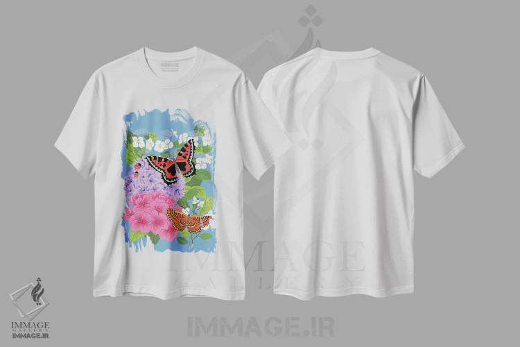 تیشرت سفید طرح دار هورتانسیاها و پروانه ها اثر نانسی مک کنزی | immage.ir