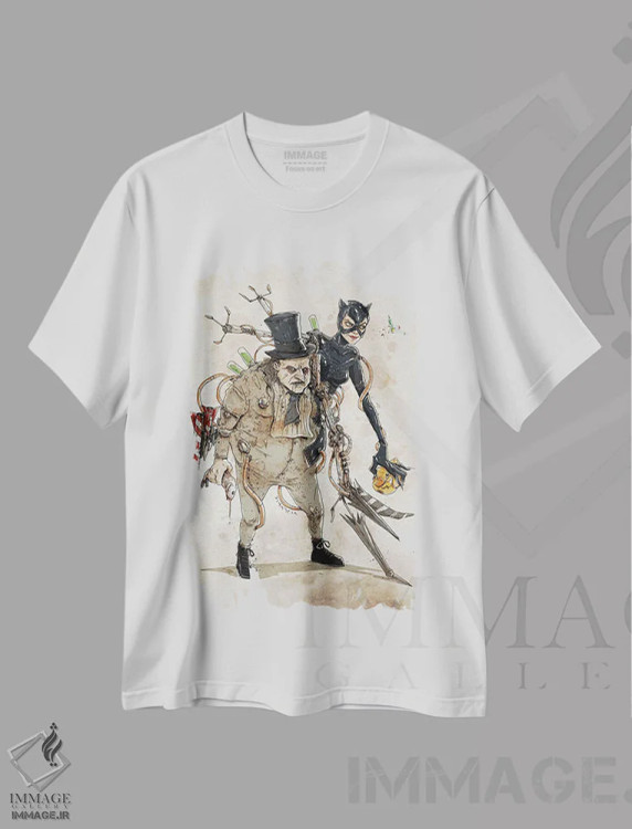 تیشرت سفید طرح دار دوپلوهای زنگ زده: زن گربه ای پنگوئن، هنر دیجیتال اثر نیکو دی متیا | فروشگاه ایماژ