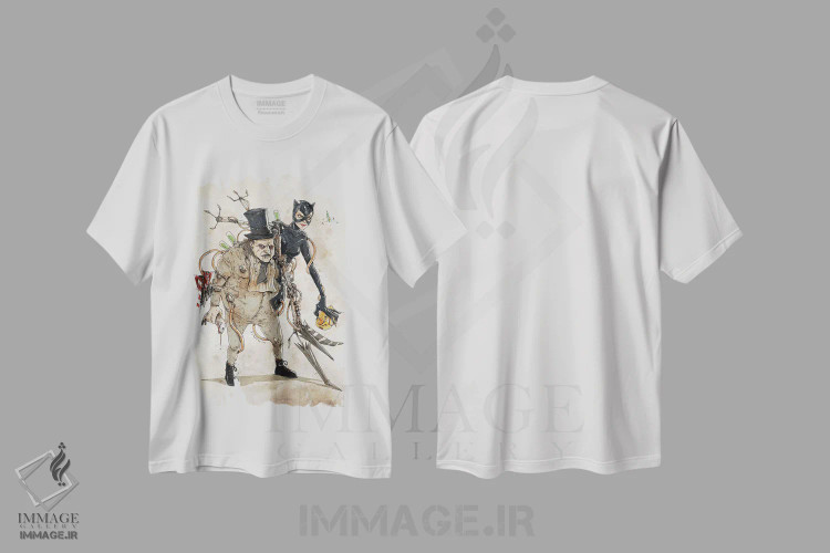 تیشرت سفید طرح دار دوپلوهای زنگ زده: زن گربه ای پنگوئن، هنر دیجیتال اثر نیکو دی متیا | فروشگاه ایماژ