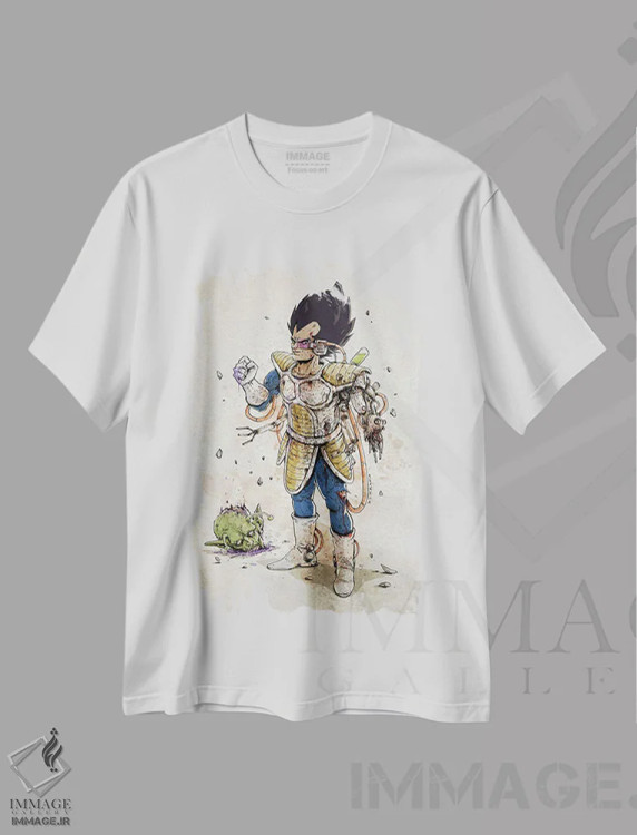 تیشرت سفید طرح دار وجیتا زنگ زده، انیمه اثر نیکو دی متیا | فروشگاه ایماژ