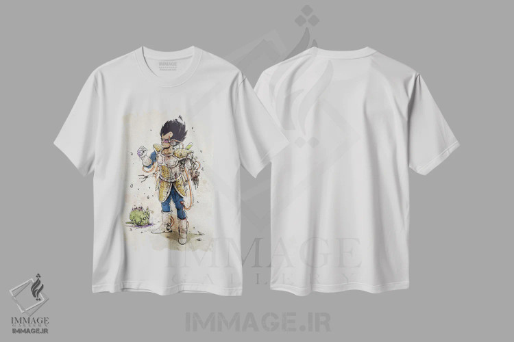 تیشرت سفید طرح دار وجیتا زنگ زده، انیمه اثر نیکو دی متیا | فروشگاه ایماژ