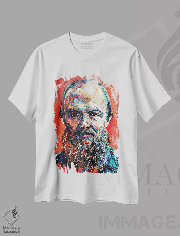 تیشرت سفید طرح دار فئودور داستایوفسکی، هنر فاخر معاصر اثر ناتاشا میلیوس | immage.ir