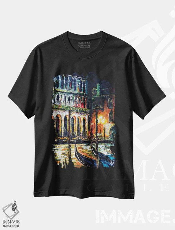 تیشرت مشکی طرح دار ونیز؛ کانال بزرگ در شب، هنر فاخر معاصر اثر ناتاشا میلیوس | immage.ir
