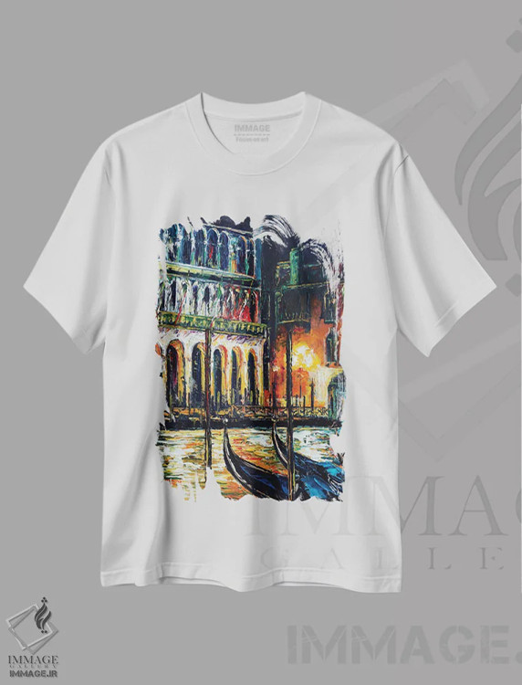 تیشرت سفید طرح دار ونیز؛ کانال بزرگ در شب، هنر فاخر معاصر اثر ناتاشا میلیوس | فروشگاه ایماژ